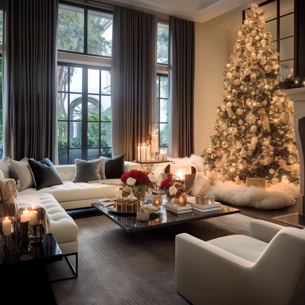 The living room's decor is transformed for the holidays, with a magnificent Christmas tree taking center stage.