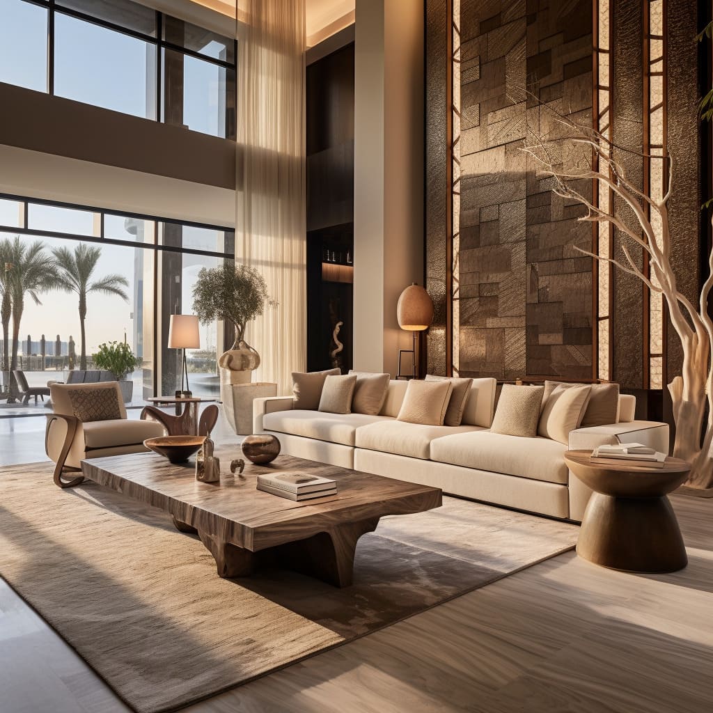 The living room's design includes a blend of luxury and simplicity for an opulent feel.