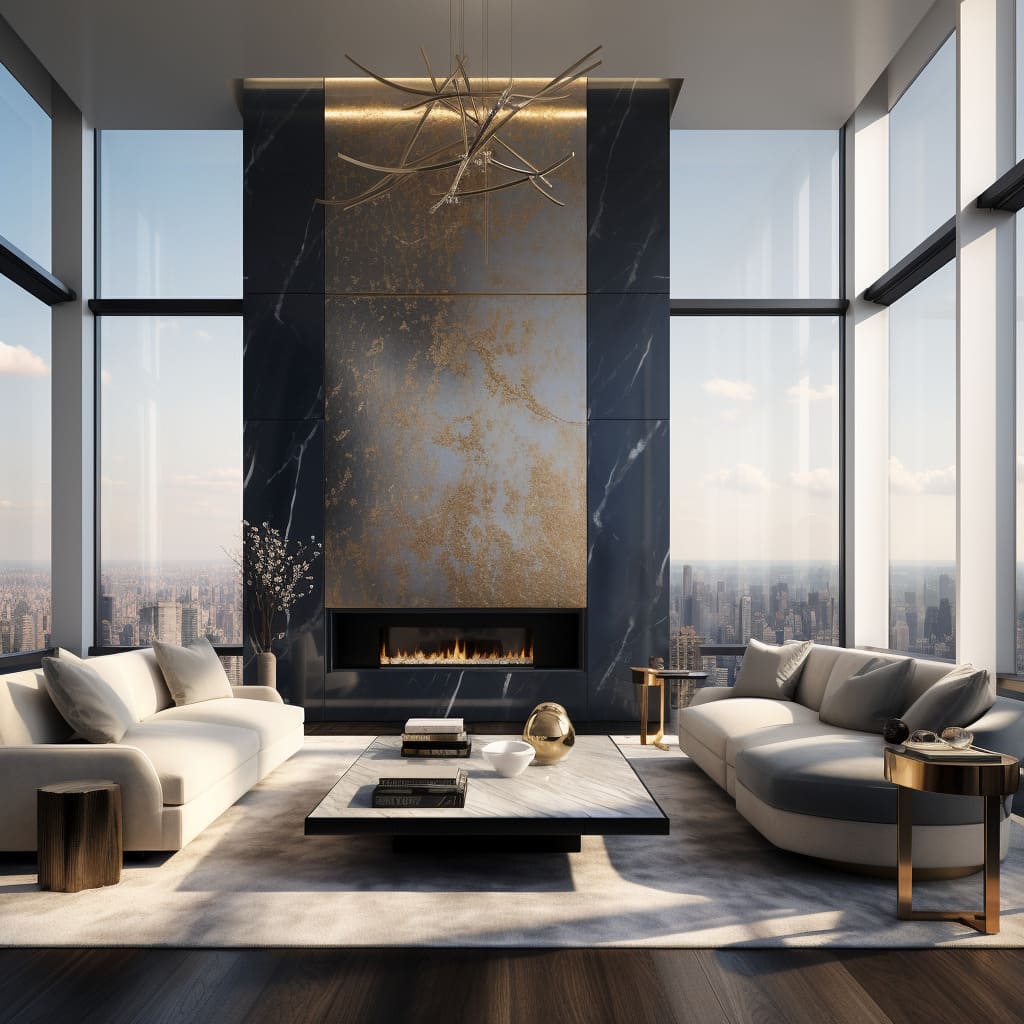 The living room's floor-to-ceiling windows offer breathtaking views, enhancing the apartment's luxurious ambiance.