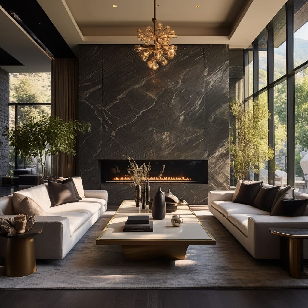 The living room's grand interior is accentuated with a sleek stone finish.
