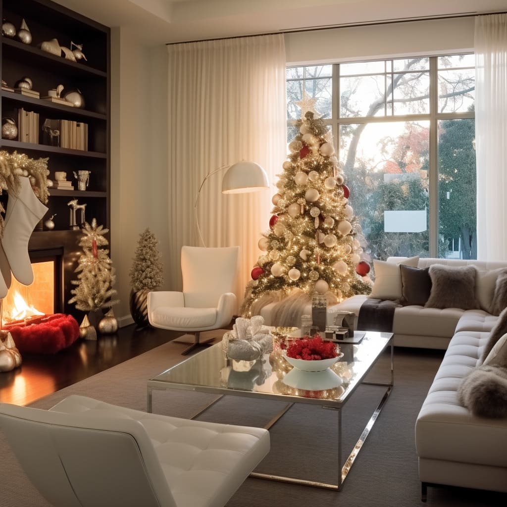 The living room's holiday decor includes a stunning Christmas garland, draping gracefully over the mantel.