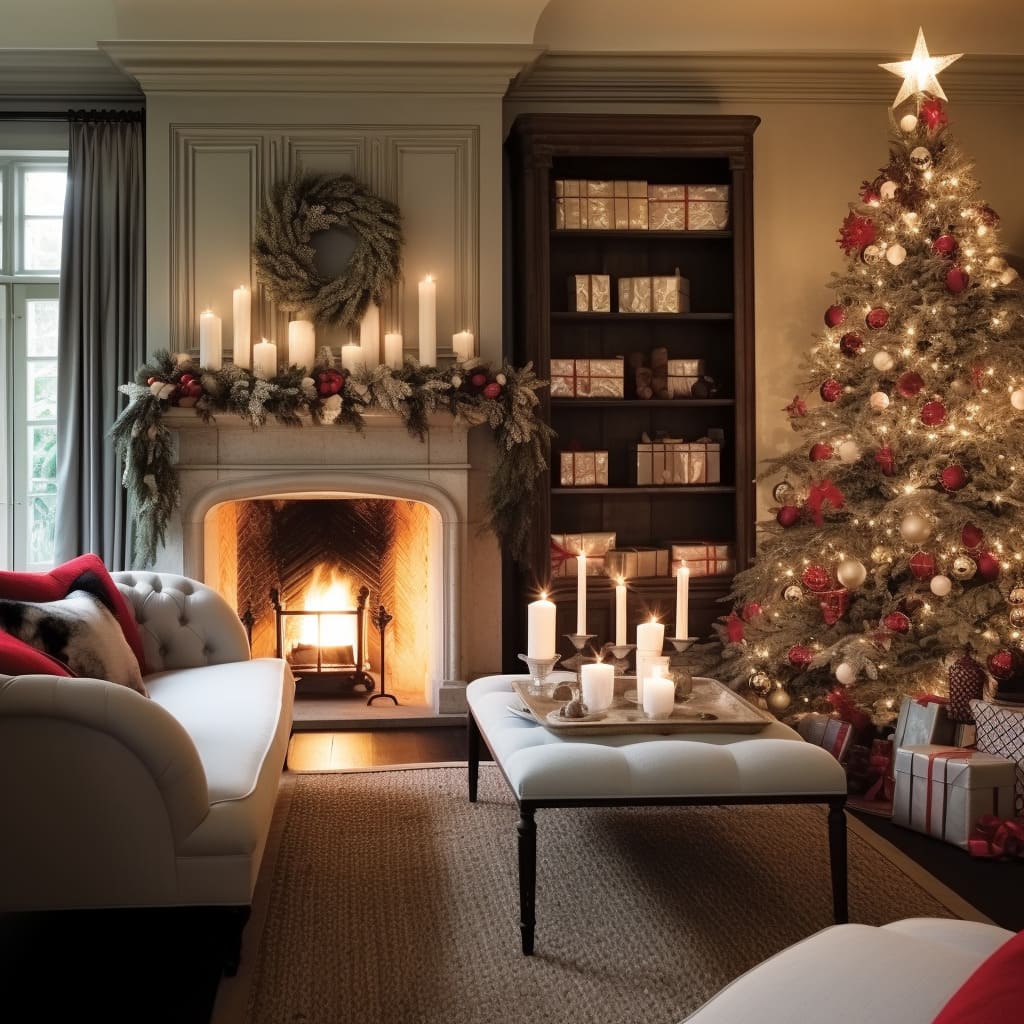 The living room's holiday decor is centered around a grand, festively decorated Christmas tree.