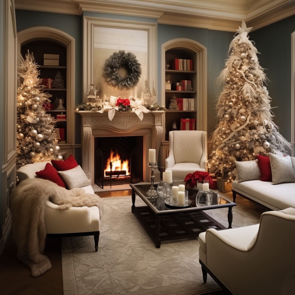 The living room's holiday design includes a majestic Christmas tree, surrounded by beautifully wrapped gifts.