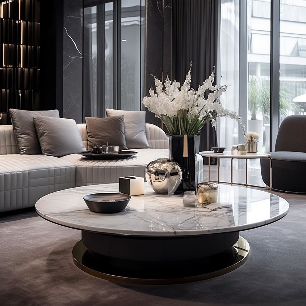 The living room's interior decoration is centered around a striking stone coffee table.