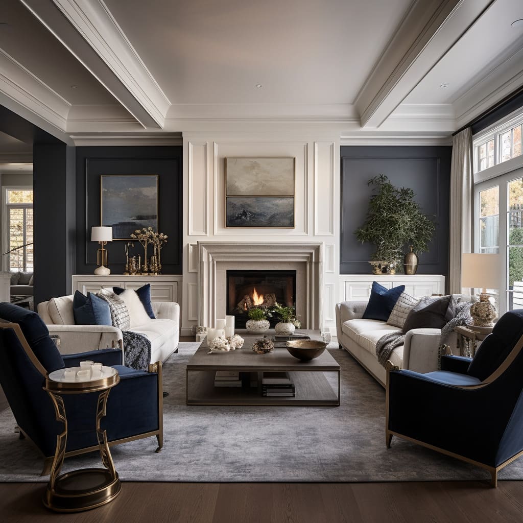 The living room's interior design blends modern sophistication with classic comfort, creating a timeless space.
