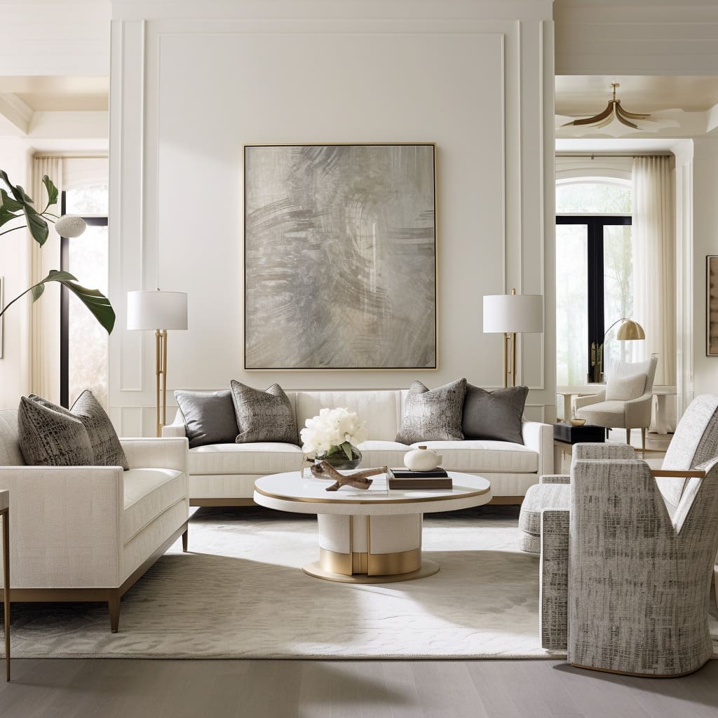 The living room's interior design features transitional white furniture for a sophisticated look.