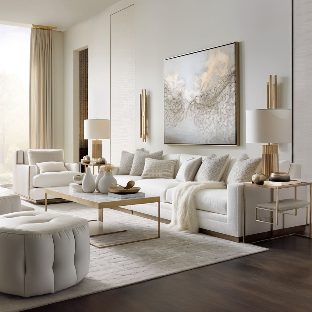 The living room's interior design is a harmonious blend of modern simplicity and classic white furnishings.