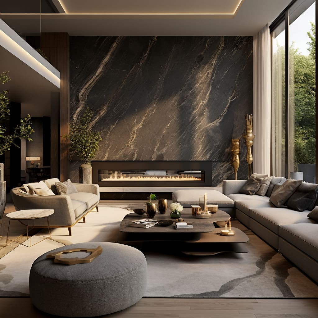 The living room's interior design is characterized by its stunning stone cladding.