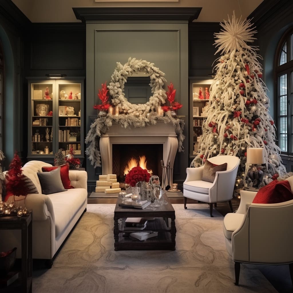 The living room's interior design is transformed with festive, bright Christmas ornaments.