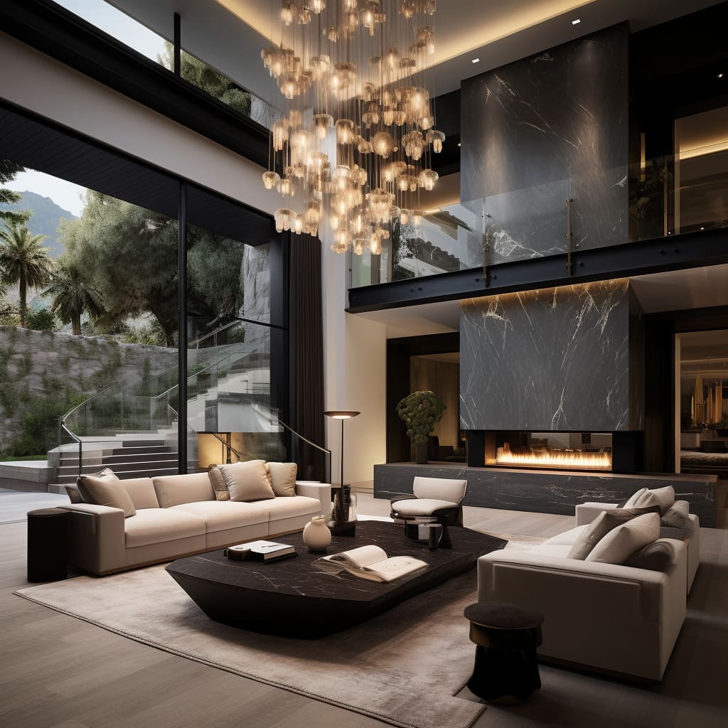 The living room's interior design seamlessly integrates stone cladding.