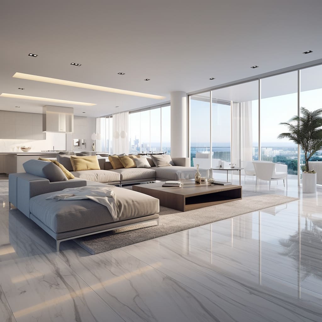 The living room's interior design showcases a contemporary American elegance.