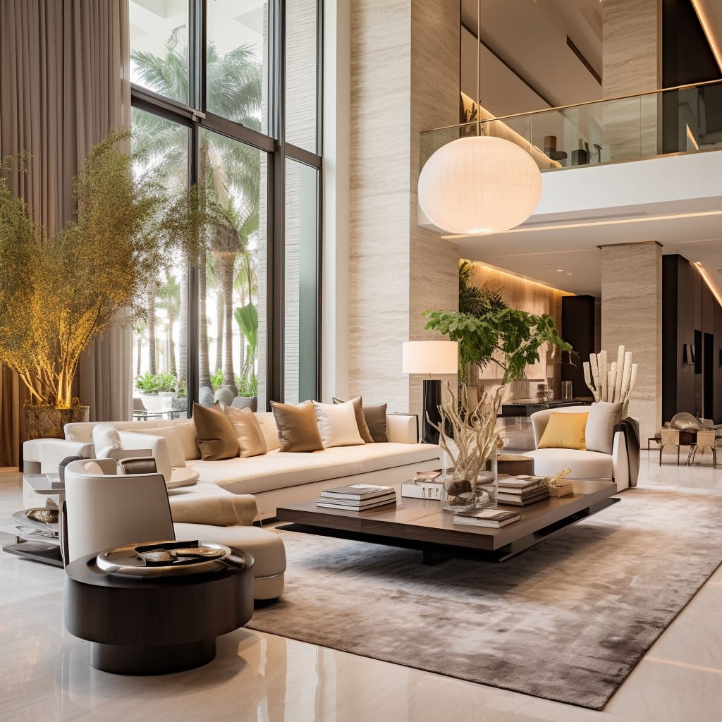 The living room's interior showcases a harmonious mix of light tones and sophisticated seating.