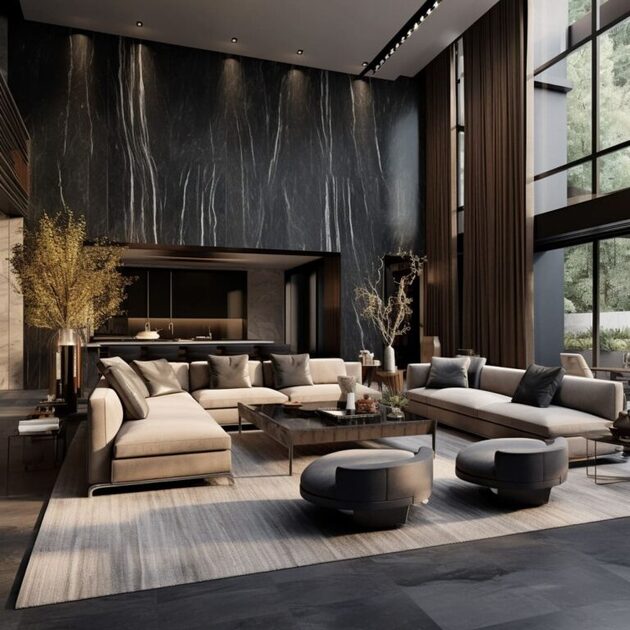 Elegance of Rich Stone in Luxurious Living Room Interiors