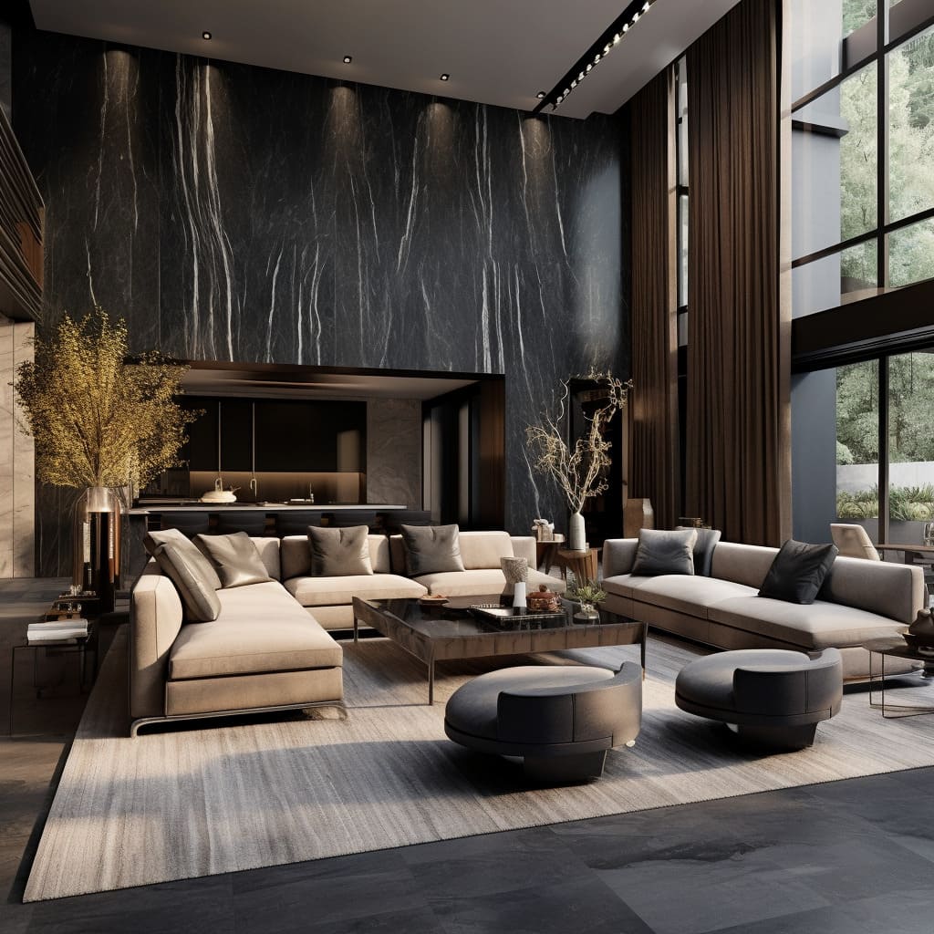 The living room's marble cladding reflects a rich taste and grandeur.