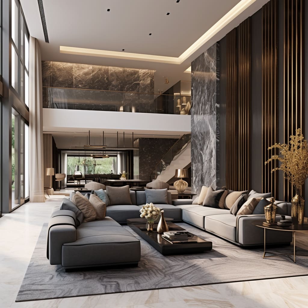 The living room's marble floor shines brightly, reflecting the elegant interior design.