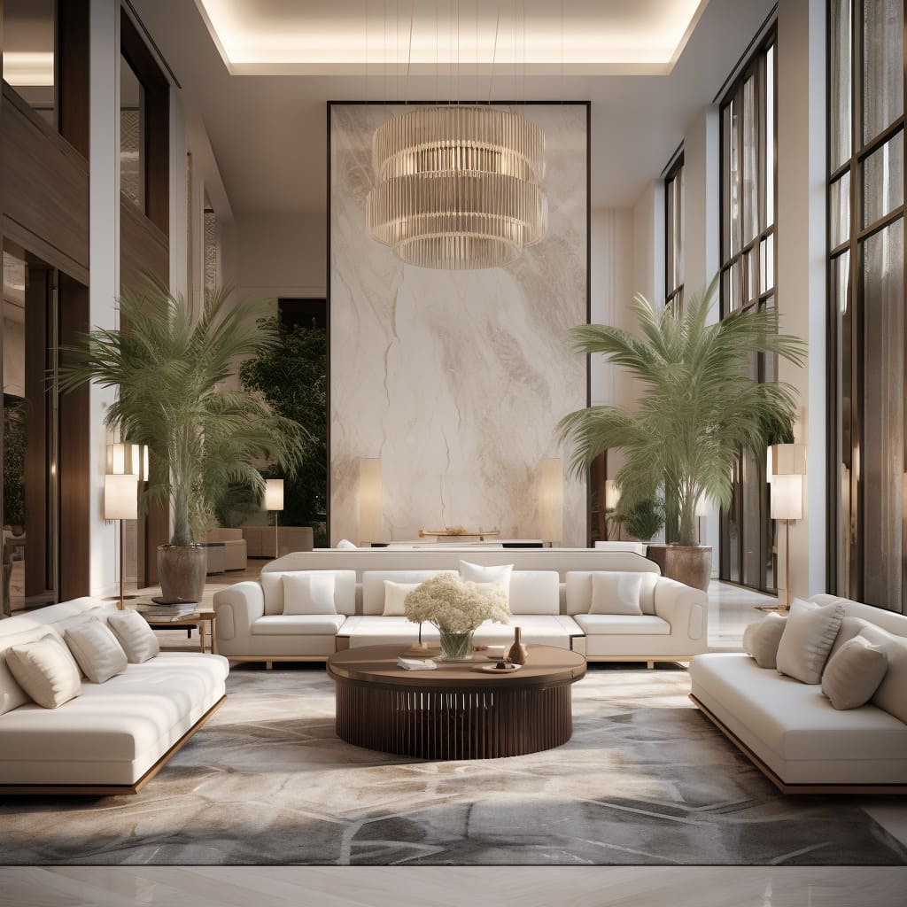 The living room's modern aesthetic is amplified by the elegant stone detailing throughout.