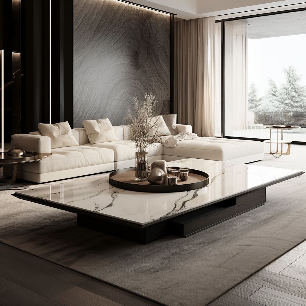 The living room's modern sofas contrast beautifully with the rugged stone coffee table.