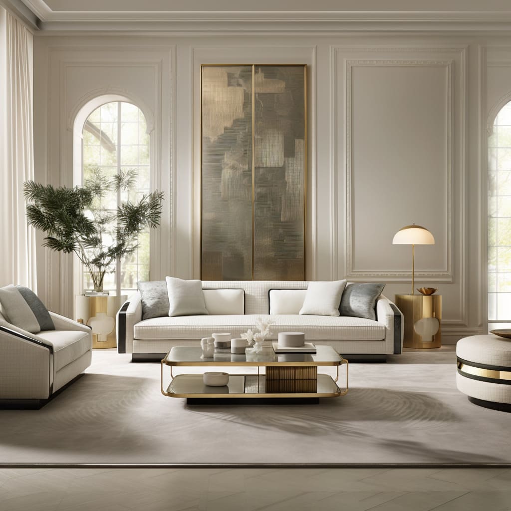 The living room's off-white interior is complemented by a large, inviting sofa with brass detailing, exuding elegance.