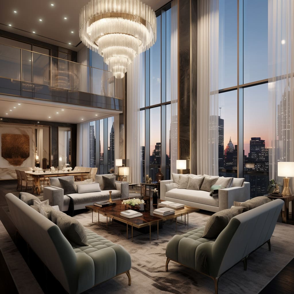 The living room's panoramic views add a breathtaking dimension to the penthouse's luxury.