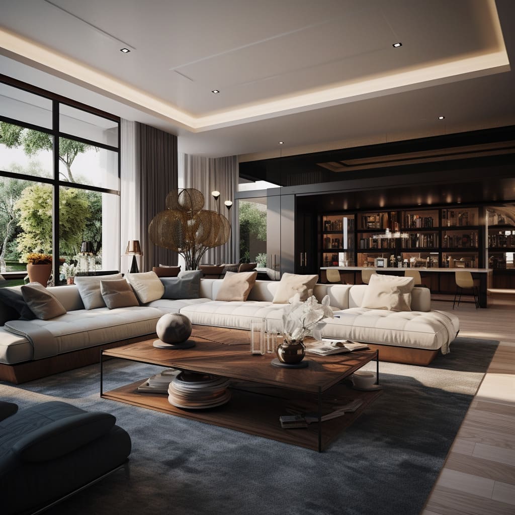 The living room's rich wood flooring complements the modern furniture, creating a chic California style.