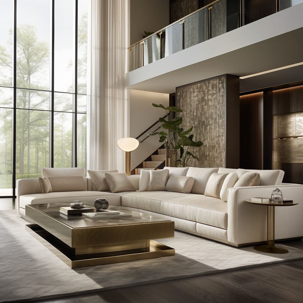 The living room's seating, in shades of beige, enhances the room's cozy and upscale feel.