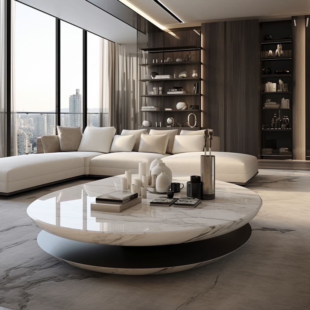 The living room's seating is complemented by a luxurious marble coffee table.