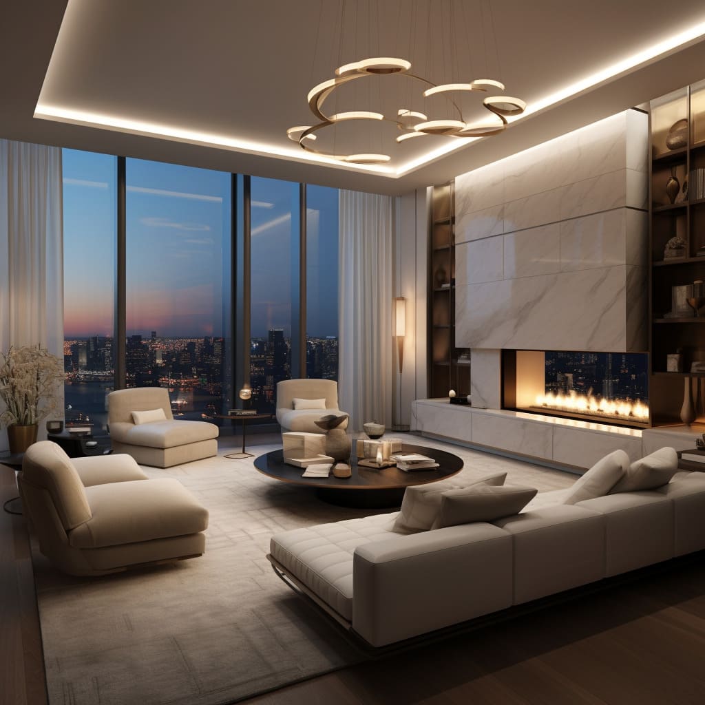 The living room's sleek furniture lines embody the essence of contemporary minimalism in this luxurious apartment.