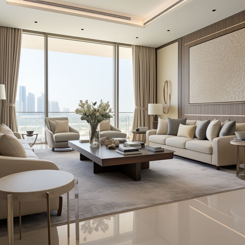 The living room's soft decor elements blend seamlessly with its minimalist design.