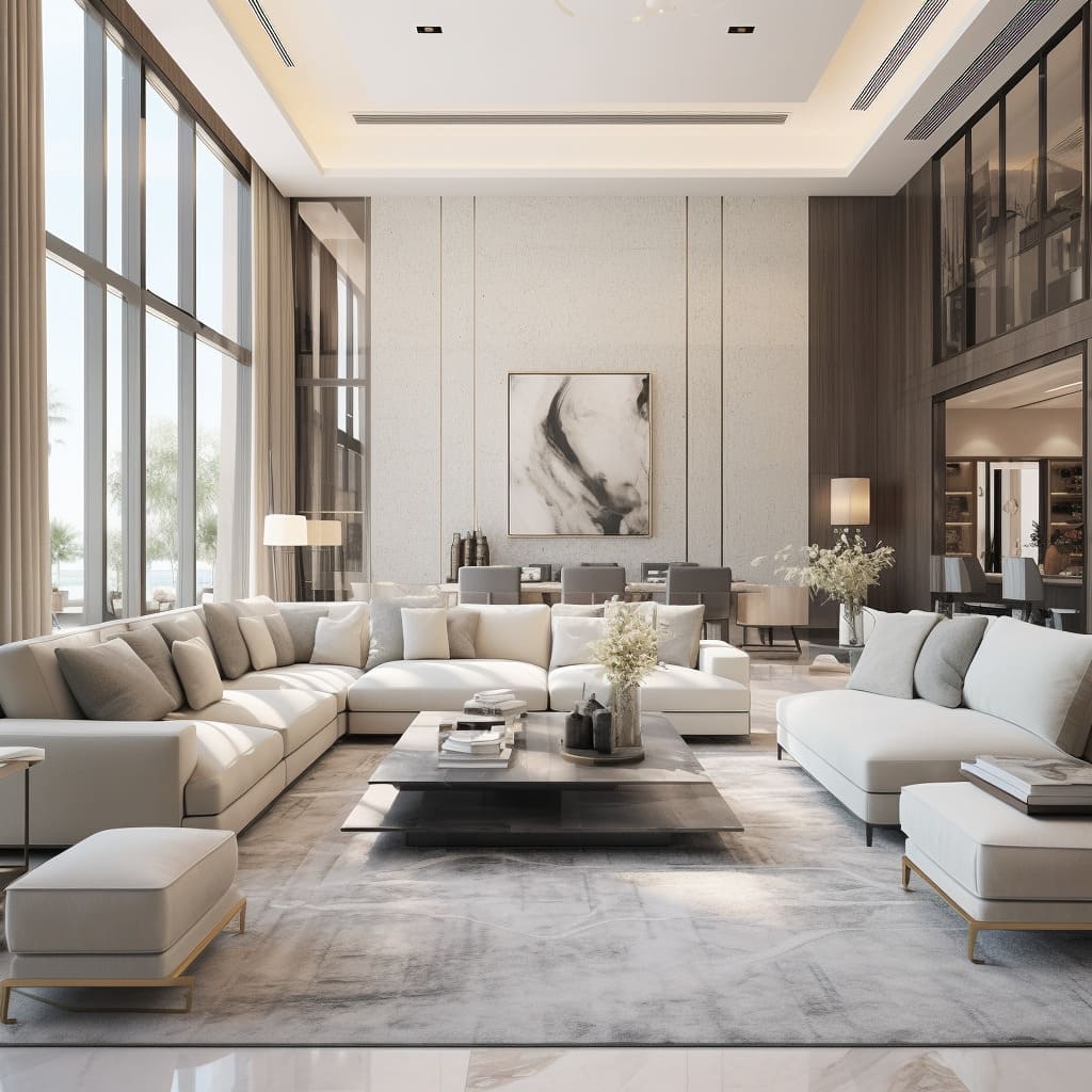 The living room's soft seating arrangement reflects a modern, minimalist aesthetic.