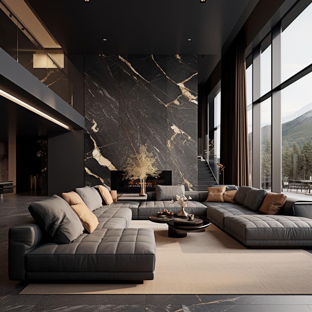 The living room's stone cladding gives it a majestic atmosphere that's both inviting and grand.