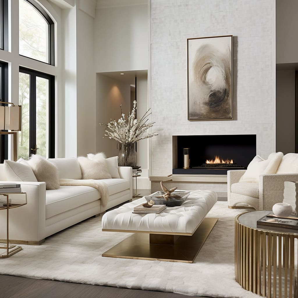 The living room's white color palette enhances its transitional, elegant interior design.