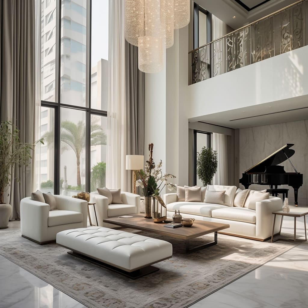 The living room's white decoration pieces add a touch of refined taste to the simple luxury.