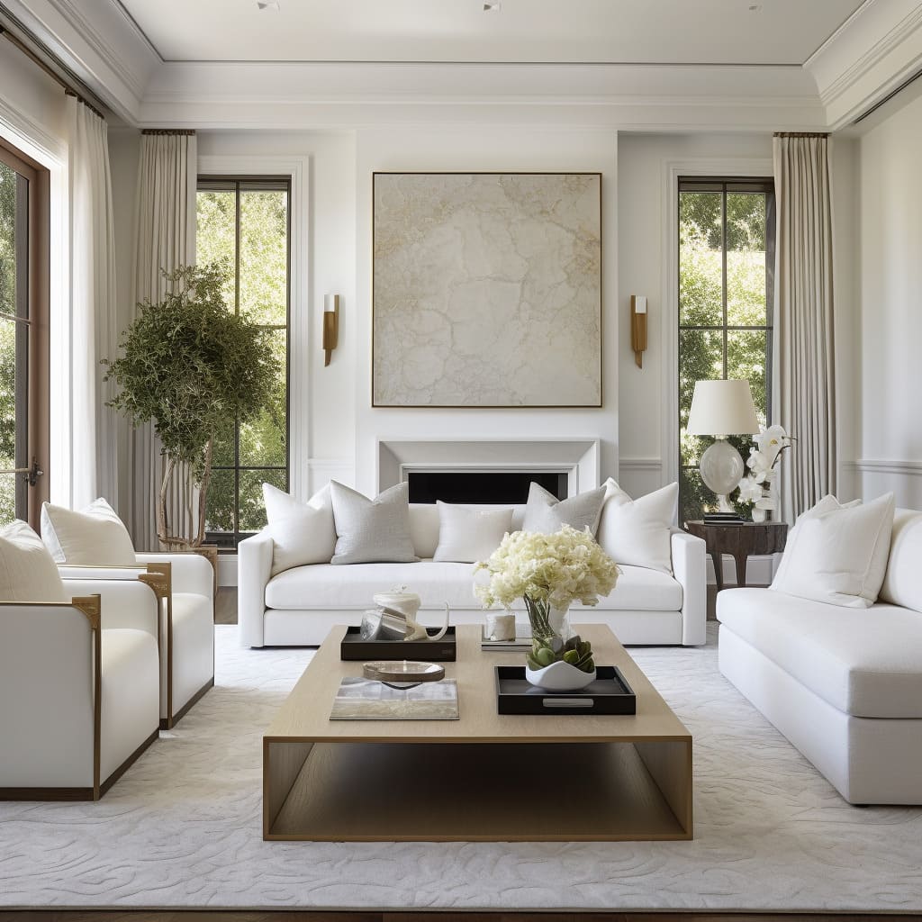 The living room's white interior design is the epitome of modern luxury.