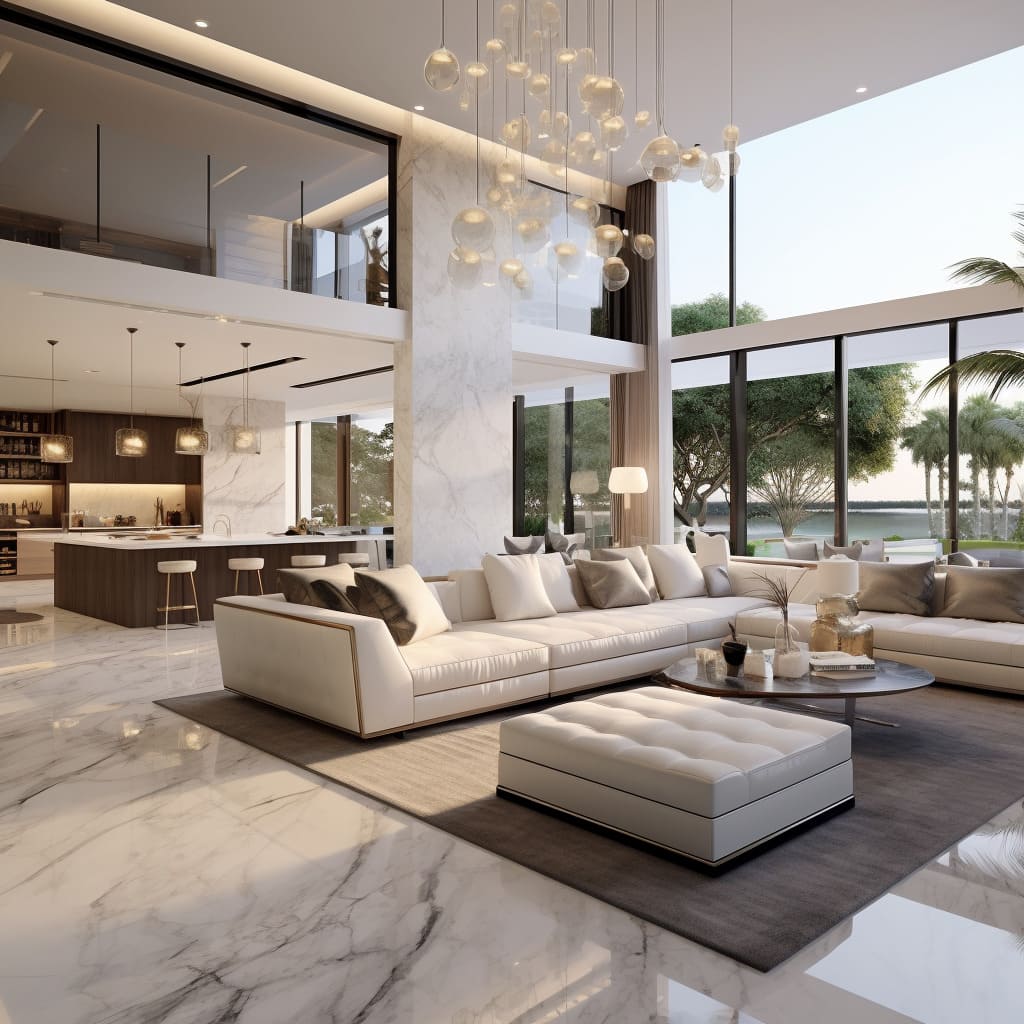 The living room's white marble floor and white walls give it a pristine, luxurious appearance.