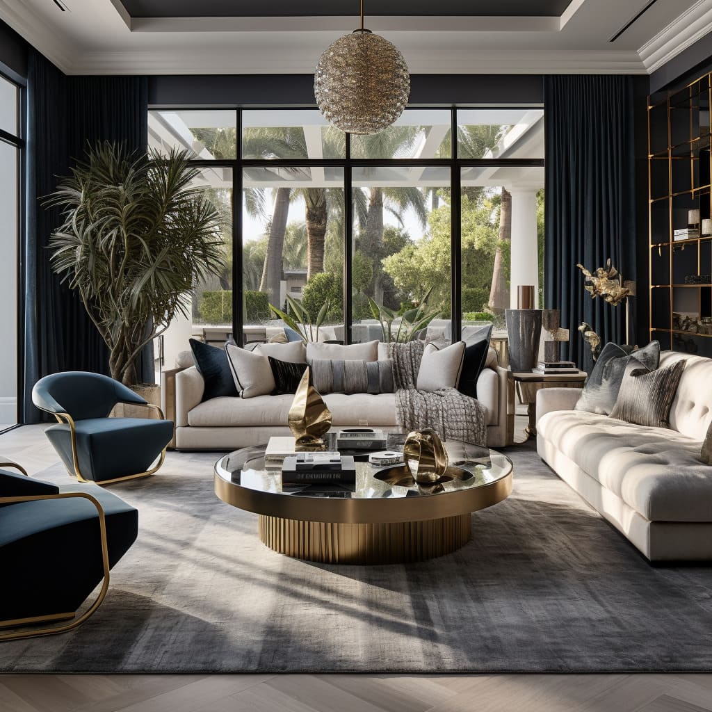 The living room's wooden flooring adds a timeless elegance to the house's modern interior design.