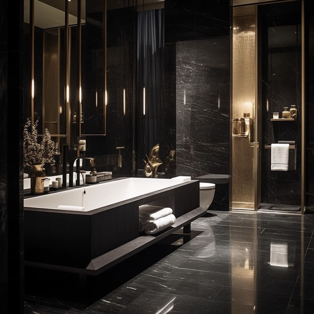 The luxury of this bathroom is amplified by the chic, free-standing bathtub set against dark, moody tiles.