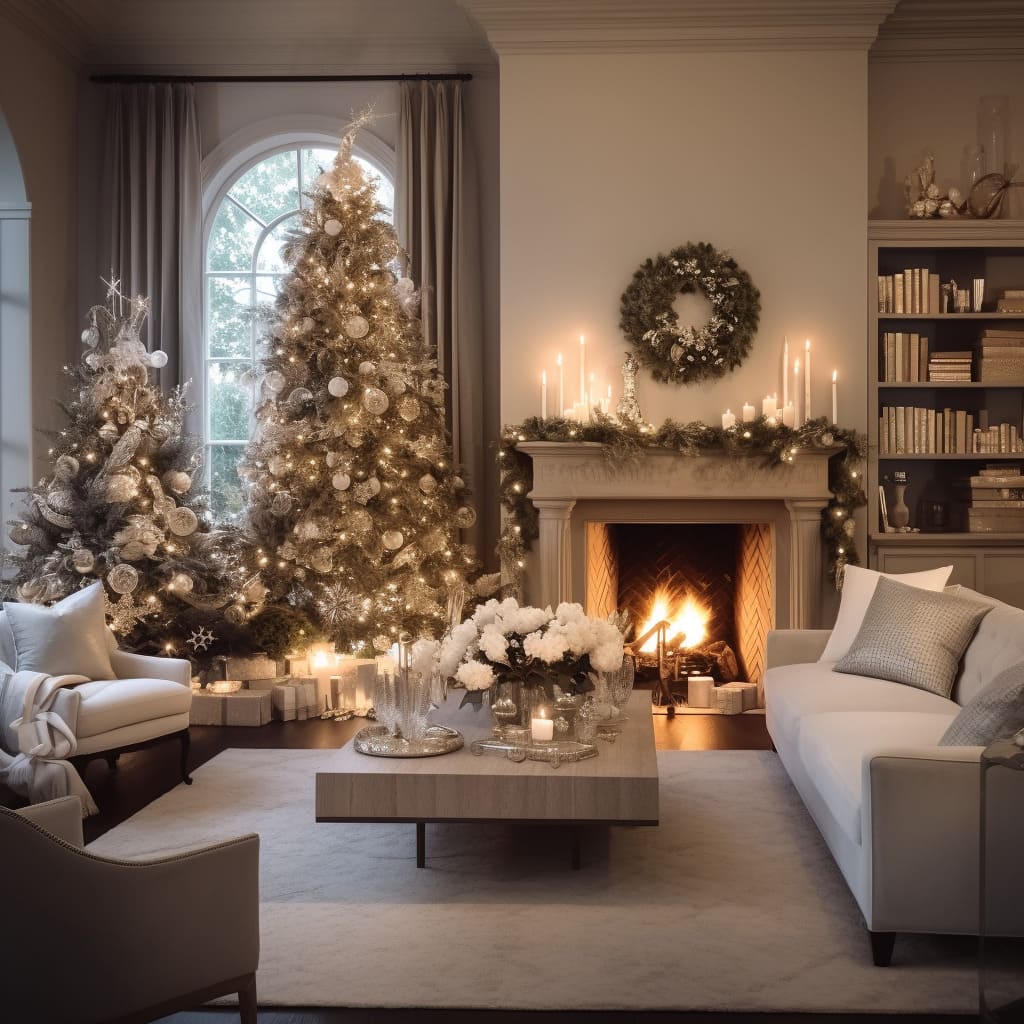 The magic living room's festive decor includes a delightful Christmas village display on the mantel.