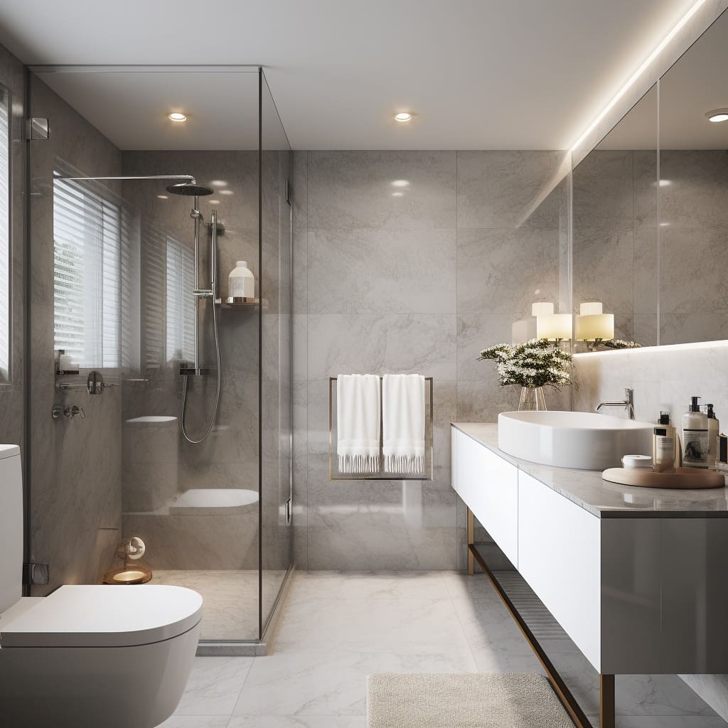 The marble bathroom gleams with polished surfaces and contemporary elegance.