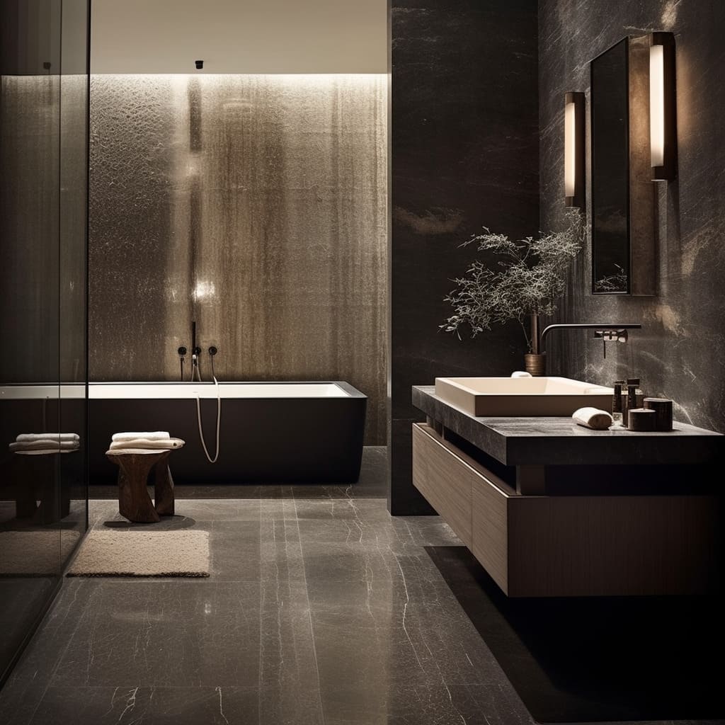 The marble detailing in this bathroom's design adds a luxurious and timeless touch to the modern space