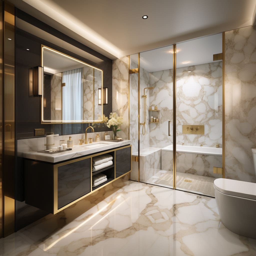 The master bathroom boasts a spacious glass shower that reflects the sleek interior design.