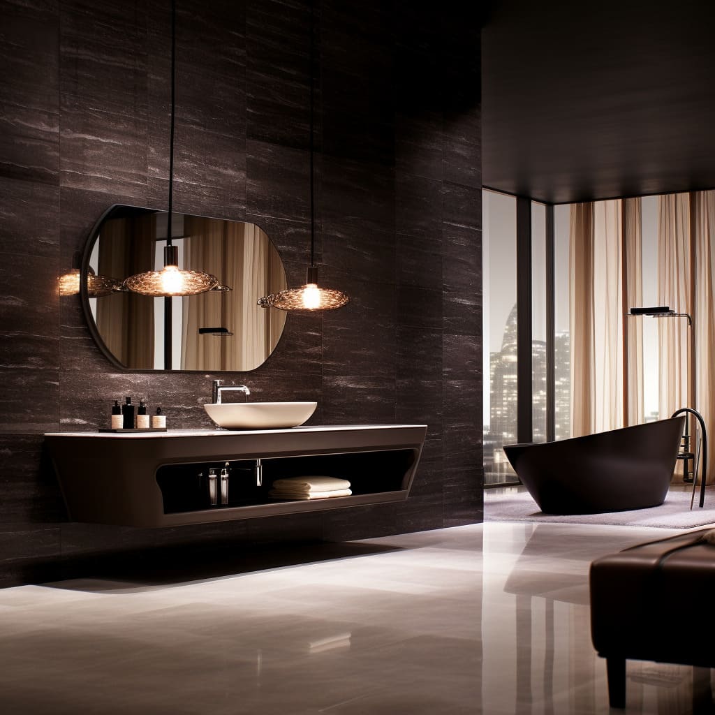 The master bathroom's dark hues create a striking backdrop for the gleaming marble tiles that line the floor.