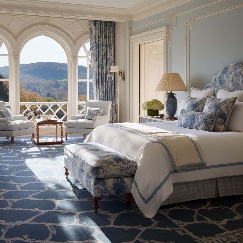The master bedroom boasts a large and elegant king-size bed.