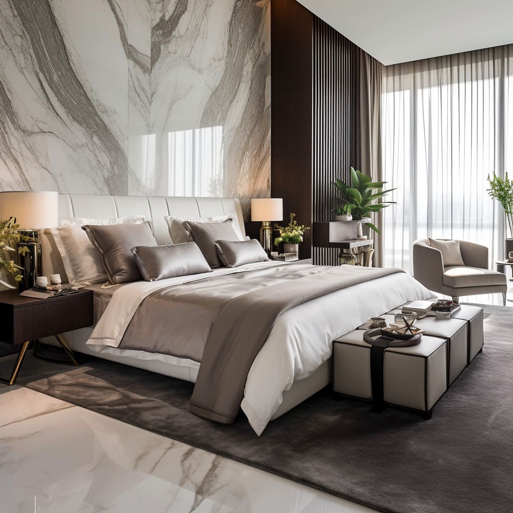 The master bedroom boasts a sleek marble headboard that anchors the space.