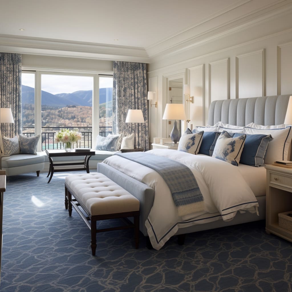 The master bedroom is a showcase of classic American interior design.