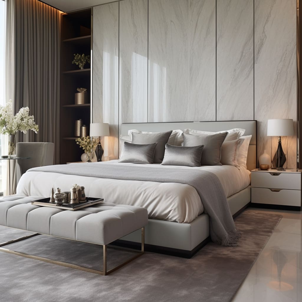 The master bedroom's color palette perfectly accentuates its modern interior design.