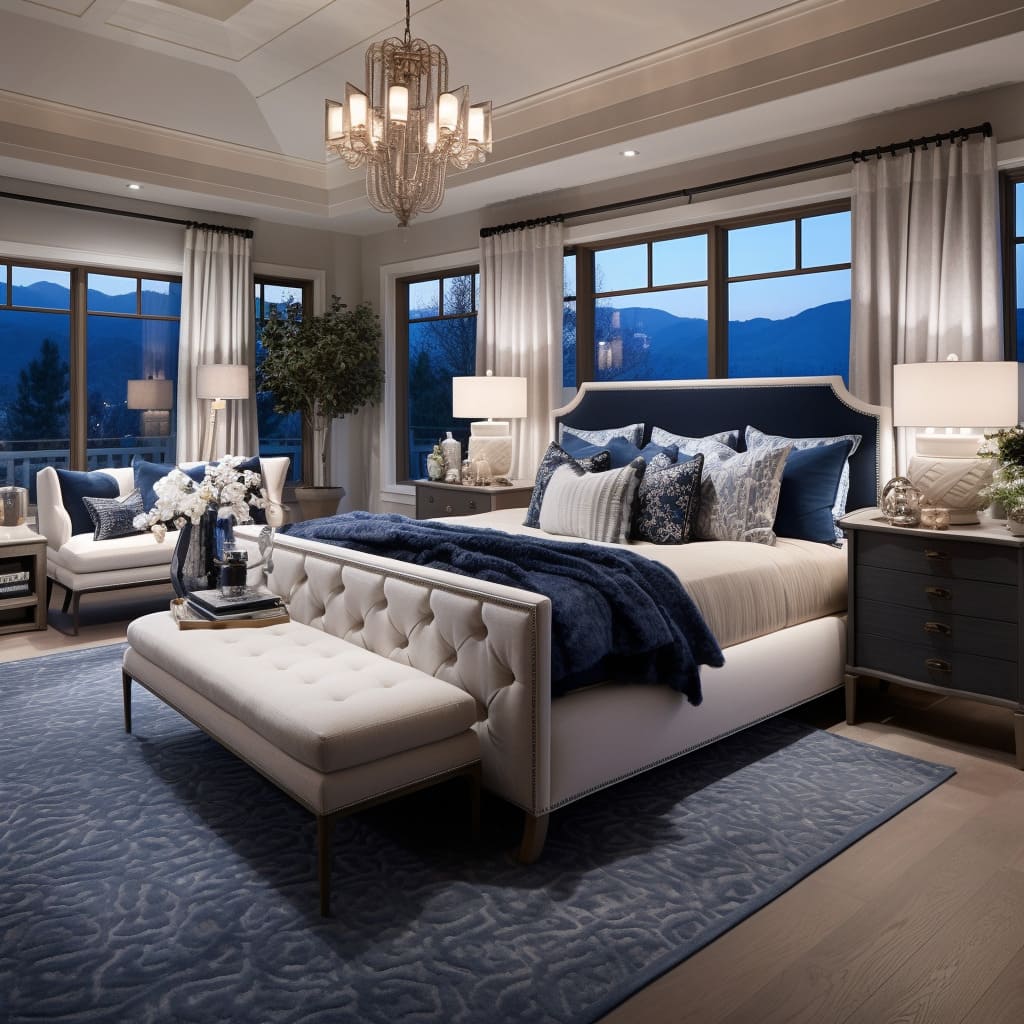 The master bedroom's interior design combines classic and traditional elements for a timeless look.