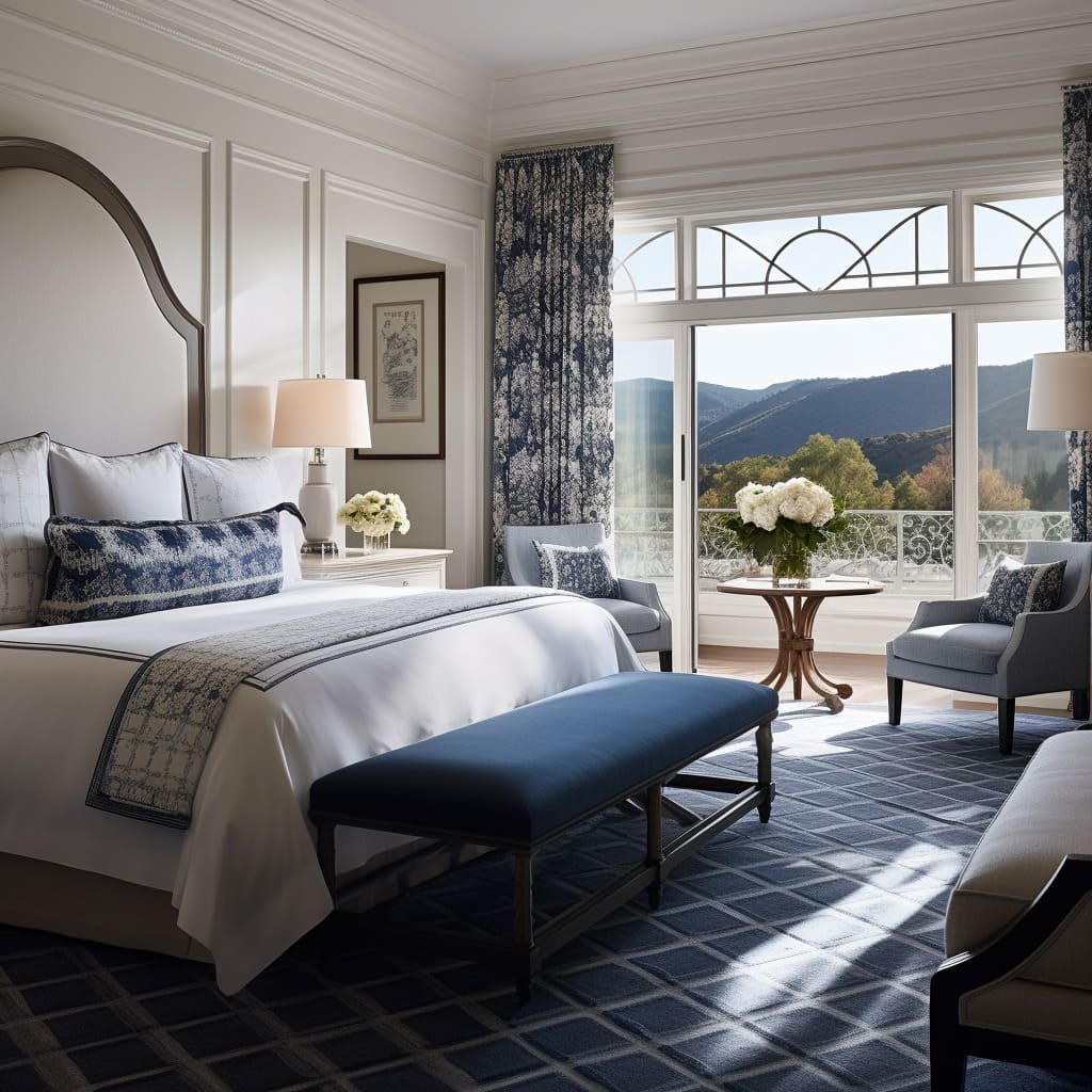 The master bedroom's large king-size bed invites relaxation and tranquility.