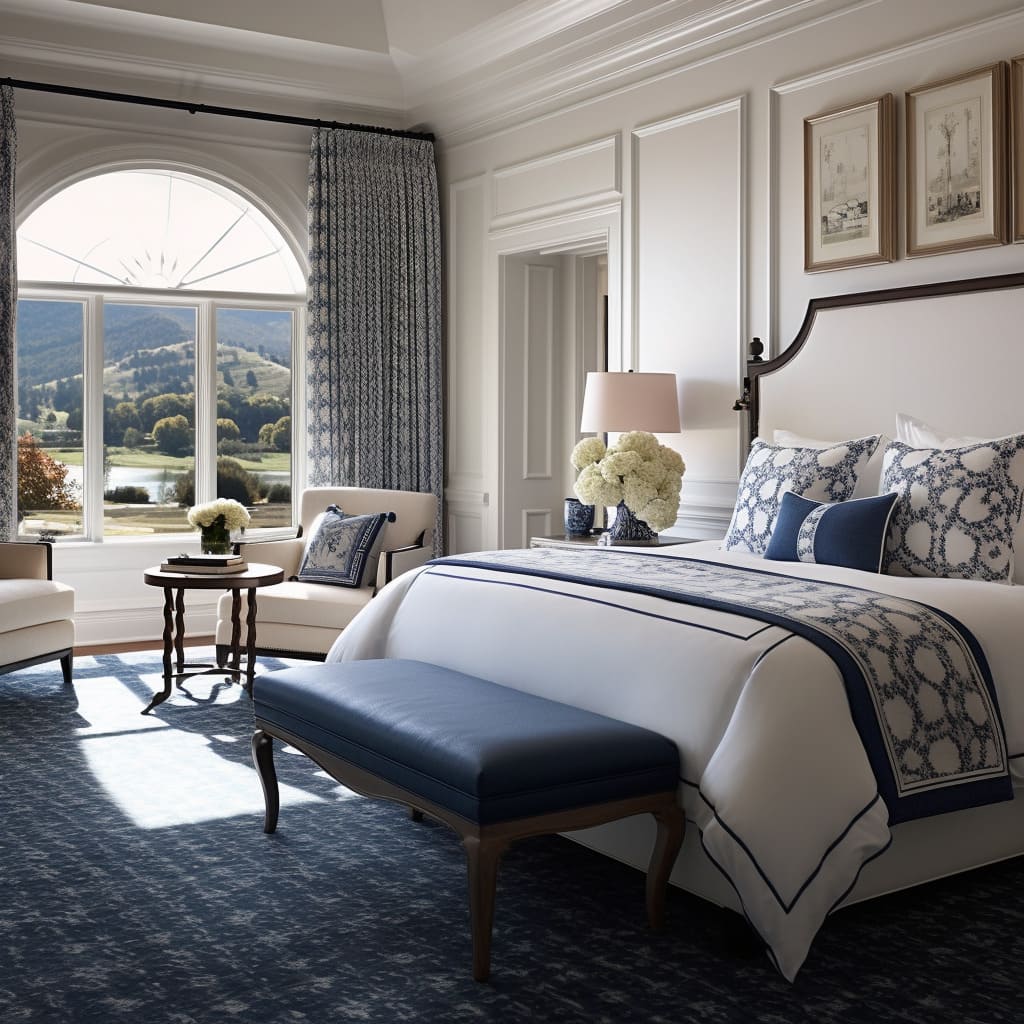 The master suite's interior design seamlessly blends classic and traditional elements.