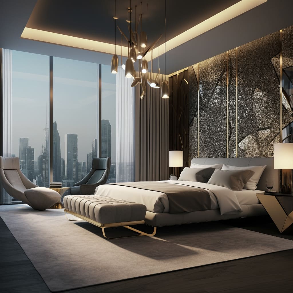 The modern bedroom's panorama window offers city views wrapped in contemporary elegance.