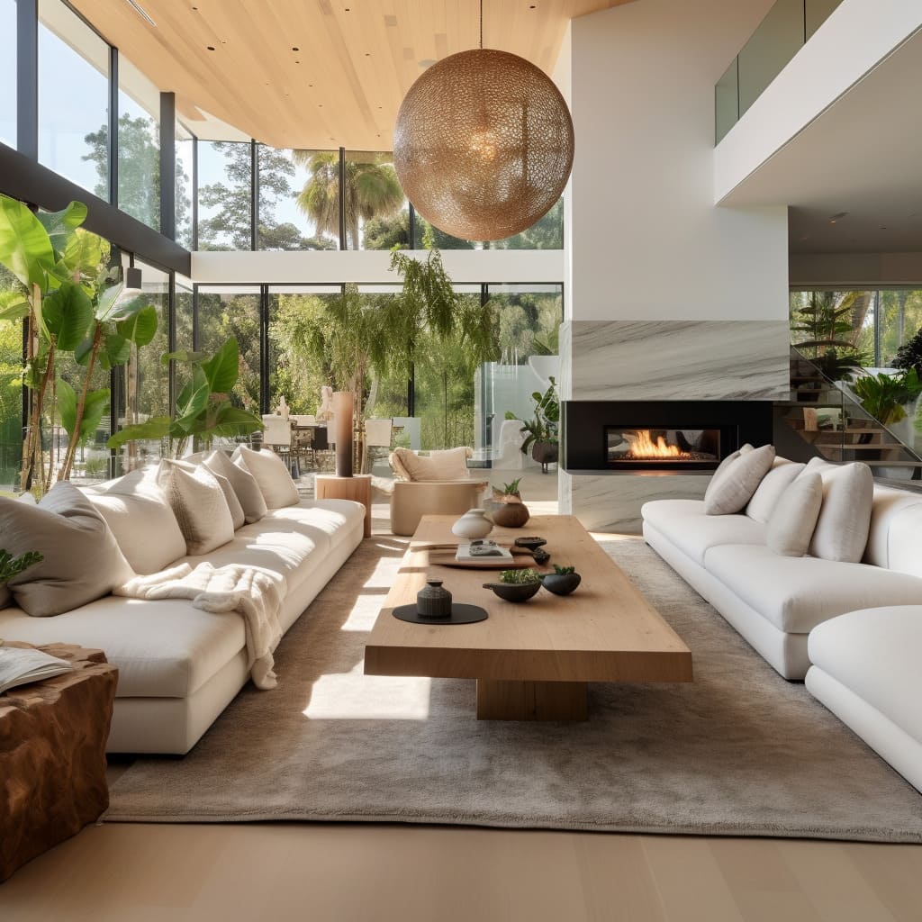 The modern design of this house is showcased in its living room, with sleek wooden furniture and white walls